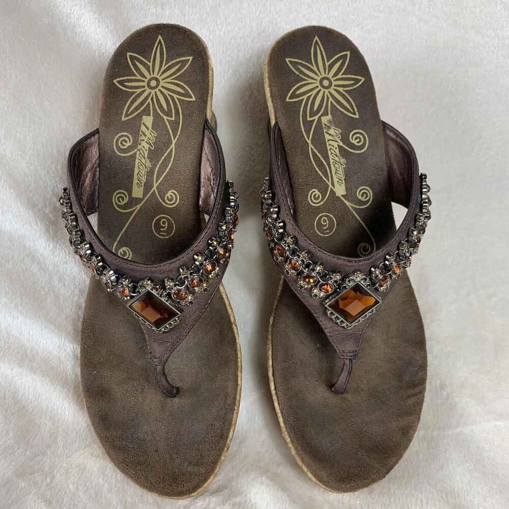 Midtown Womens Sandals Size 9 Brown Cork Heel Citrine Color Elegant Gem Decor​​